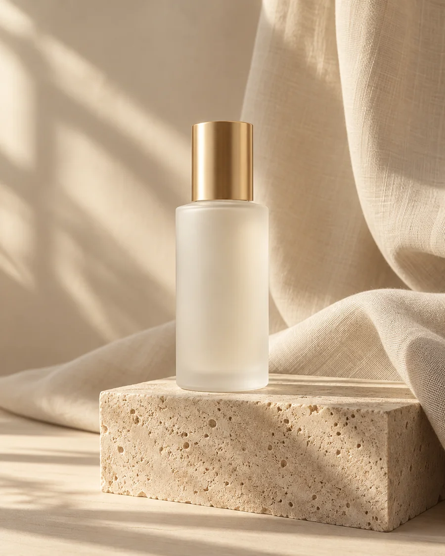 Flacon cosmétique et composition naturelle aux tons clairs
