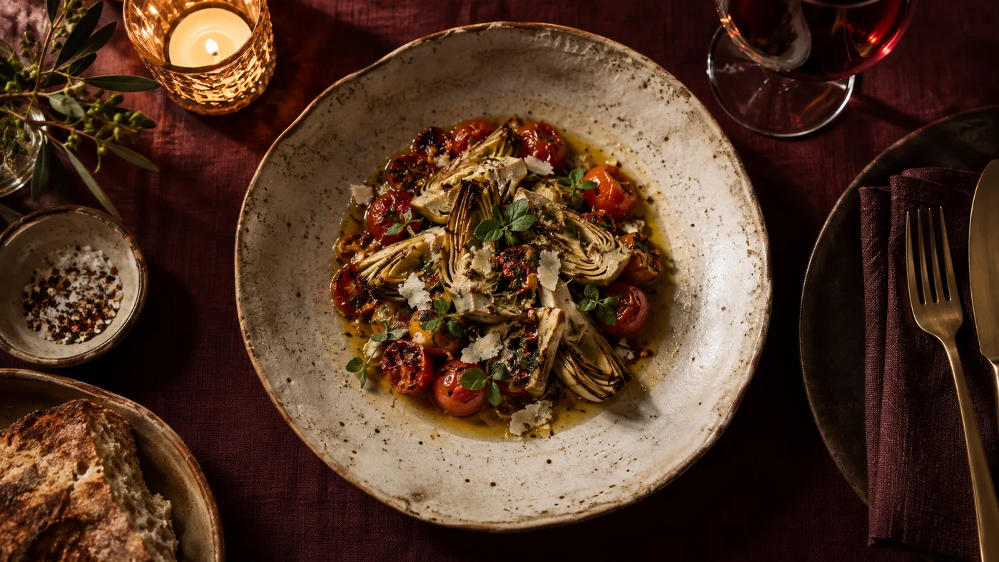 Assiette méditerranéenne sur une table aux tons bordeaux