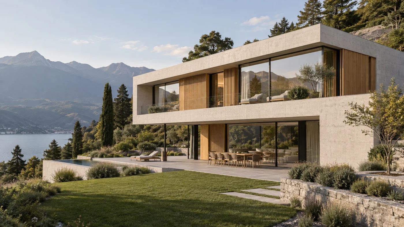 Villa contemporaine en béton clair et bois ouverte sur le paysage